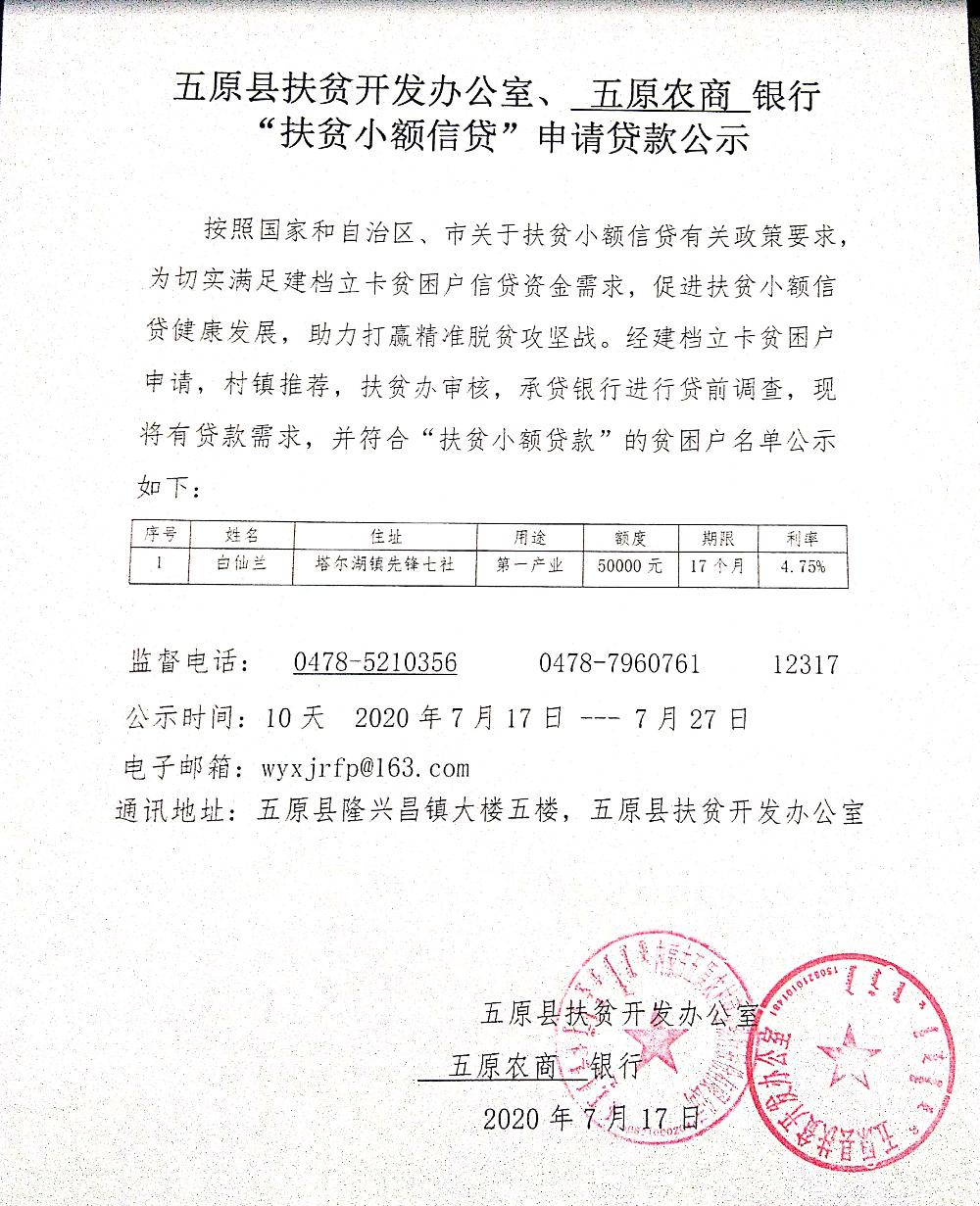 五原农商银行“扶贫小额信贷”申请贷款公示